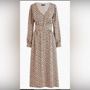 J Crew Leopard Print Buffon Front  A  Line Midi Dress Brown SZ 6 Long Sleeve NWT